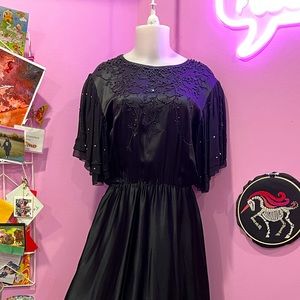 Vintage Evelyn Talman Black Silk Beaded Dress Size 6